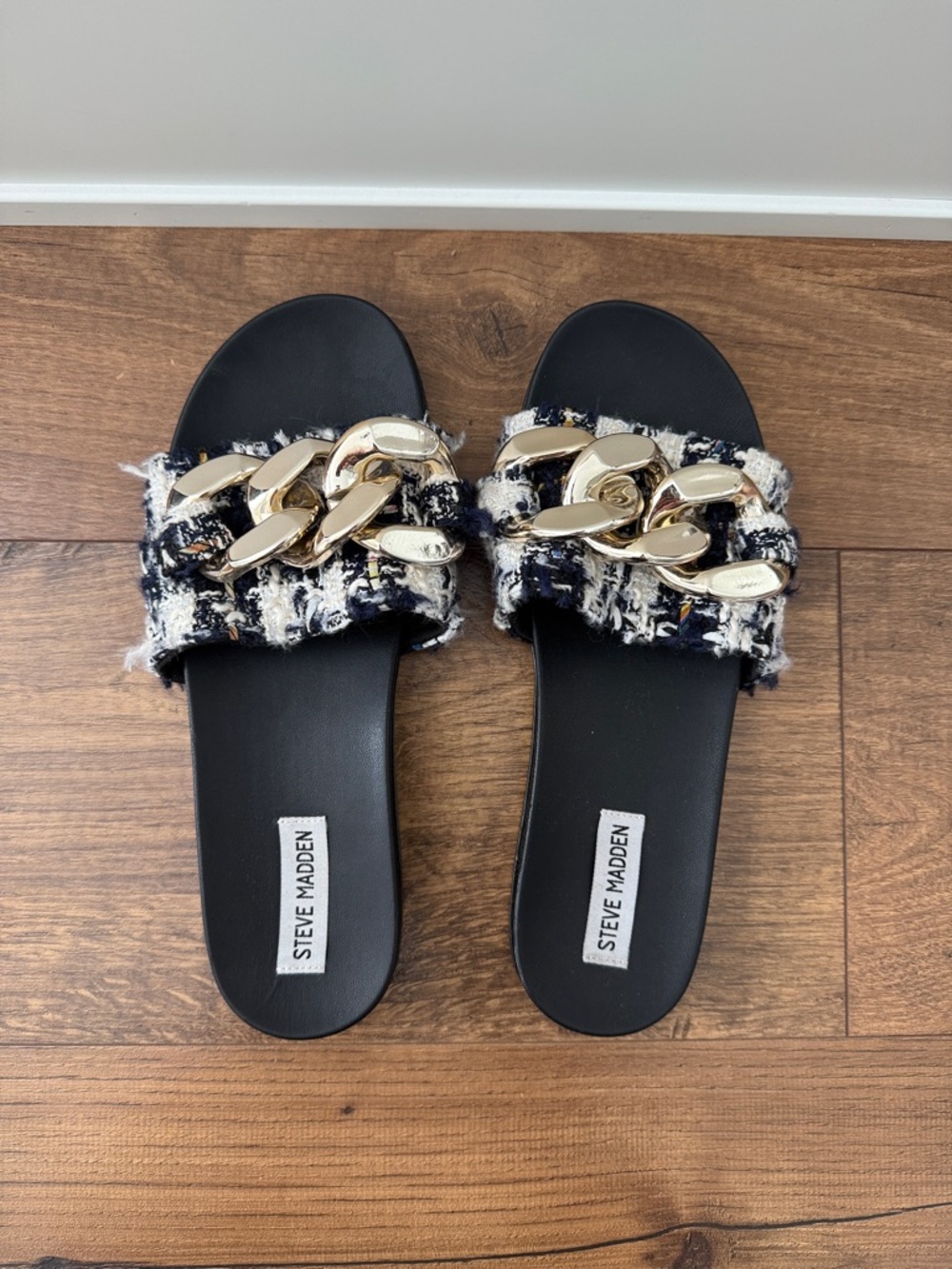 Steve Madden Navy and White Tweed Slide Sandals with Gold Chain